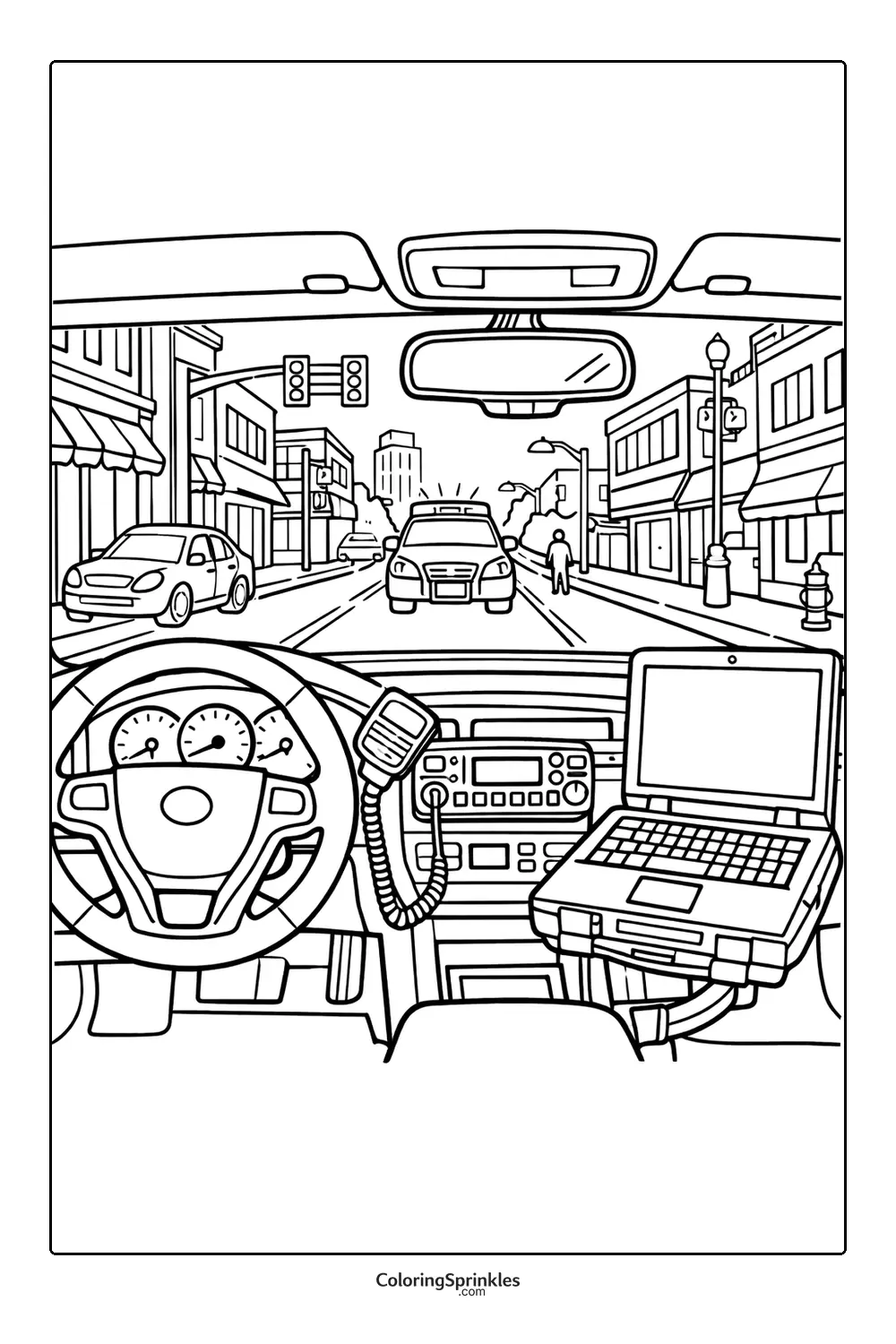 Coloring page of a police car interior with laptop and radio on a city street