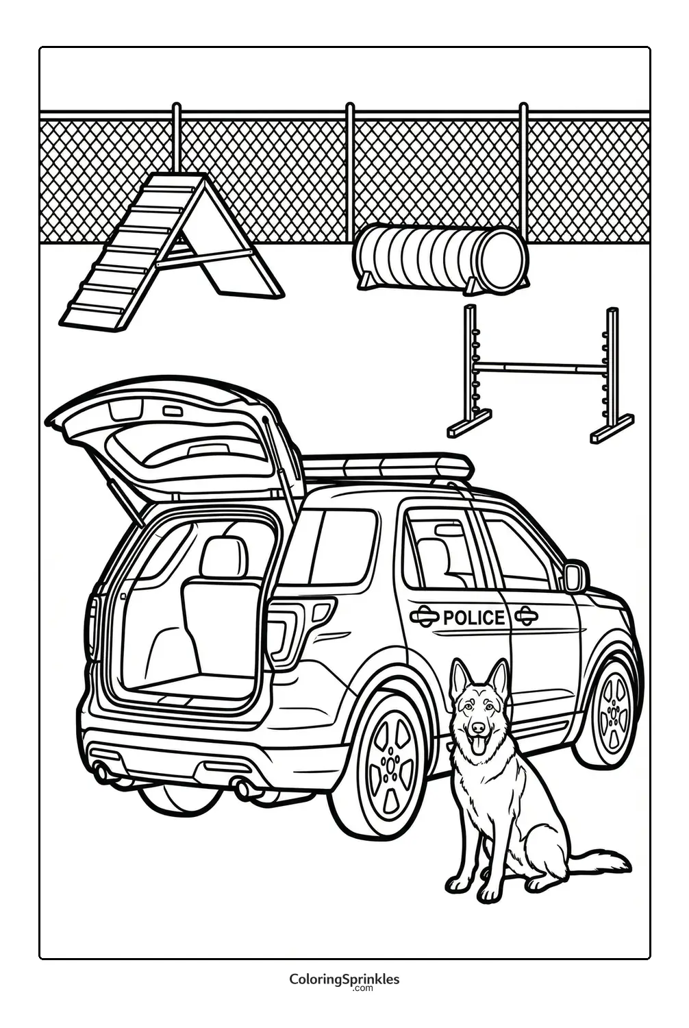 Coloring page of a police car with a K9 dog and training obstacles