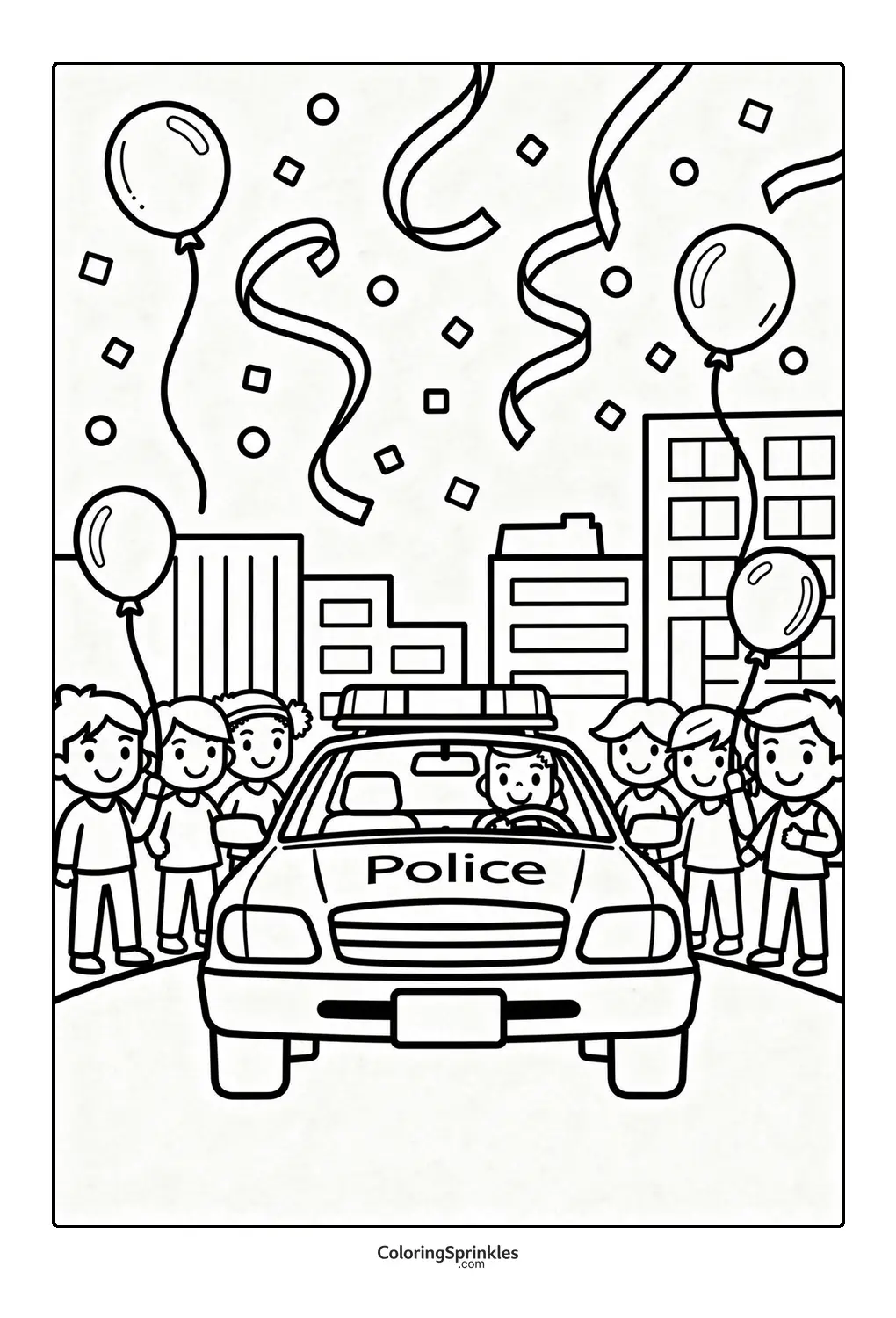 Coloring page of a police car with kids holding balloons in a city celebration