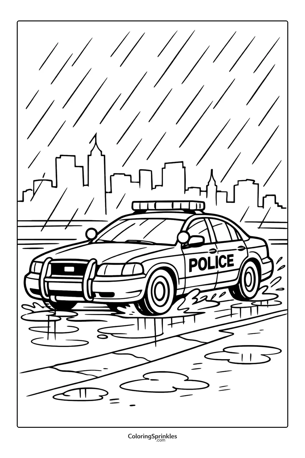 Coloring page of a police car driving through rain and puddles in a city