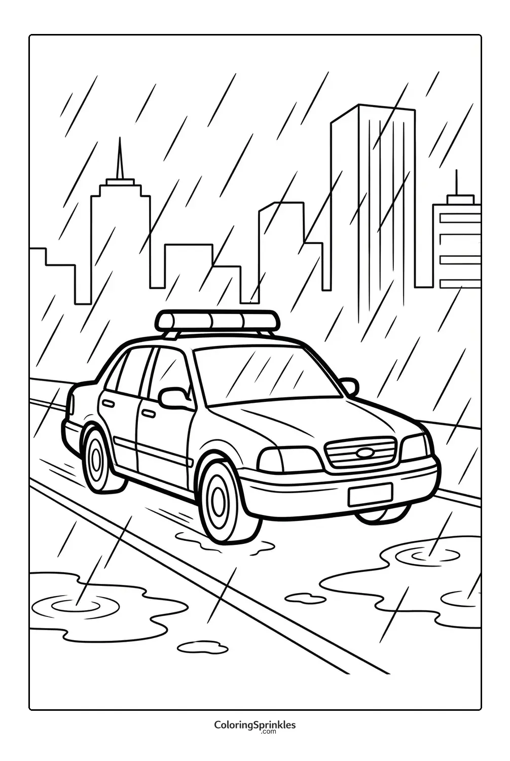 Coloring page of a police car driving on a rainy city street