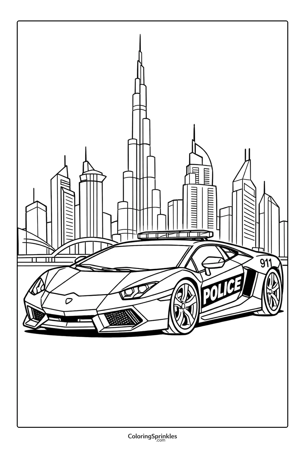 Coloring page of a sports police car in front of a city skyline with skyscrapers