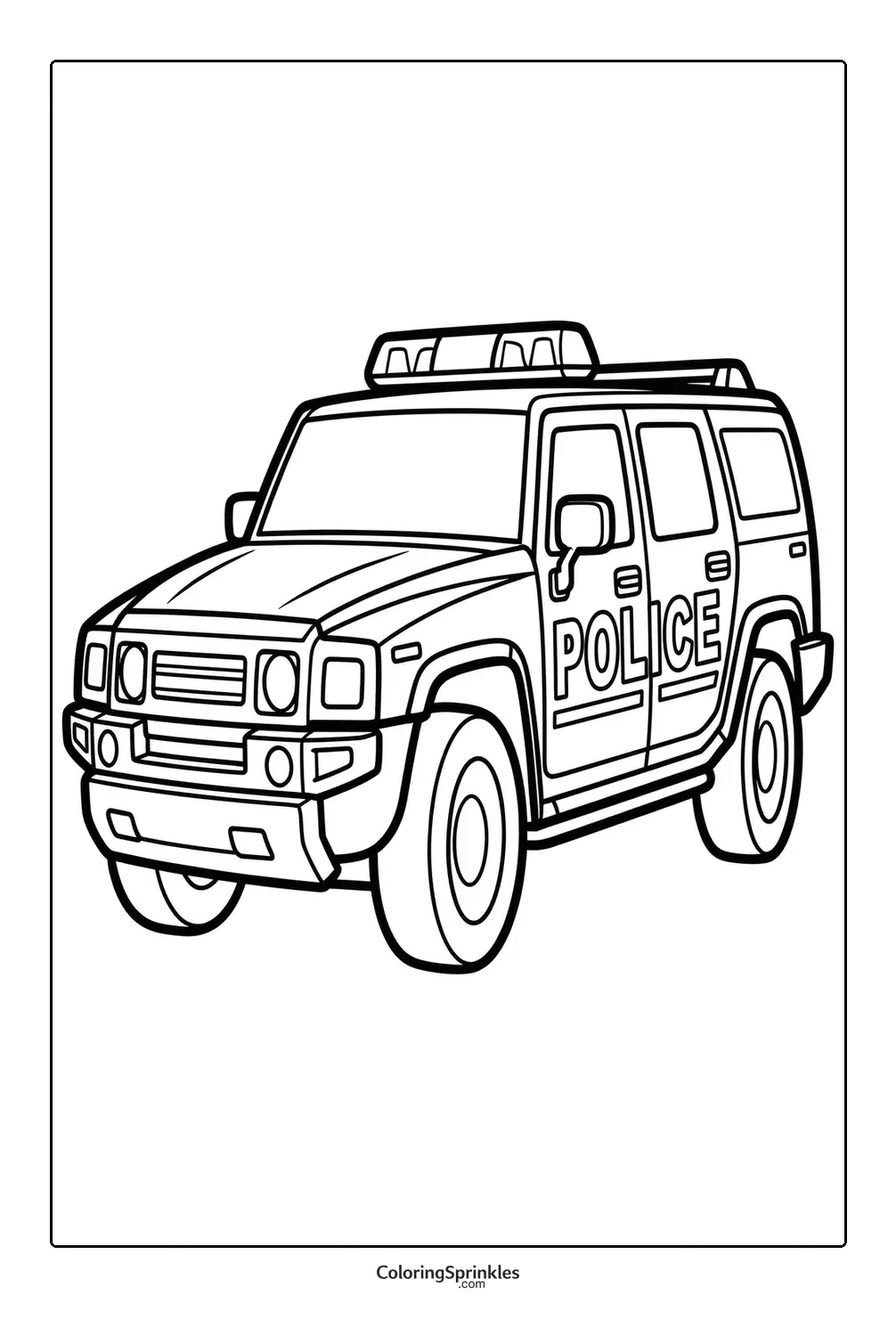 Coloring page of a police SUV car in line art style