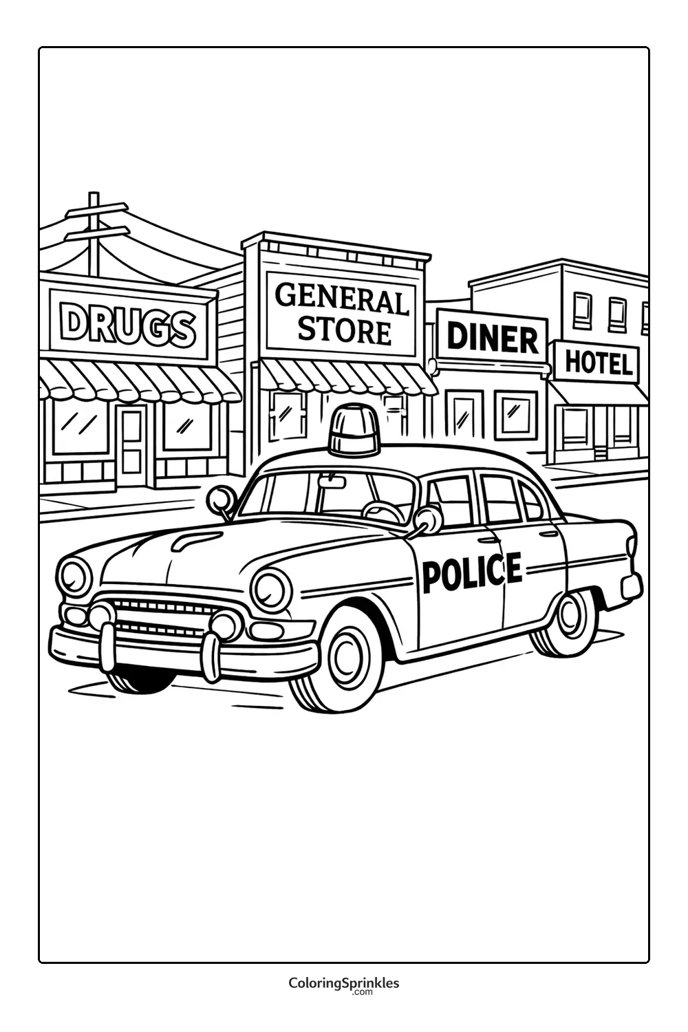 Coloring page of a vintage police car on a main street with shops