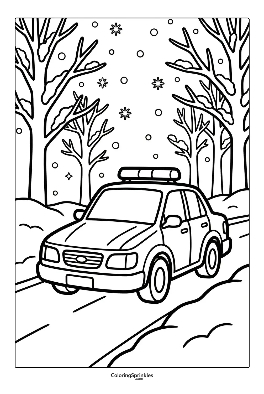 Coloring page of a police car driving on a snowy road with bare trees