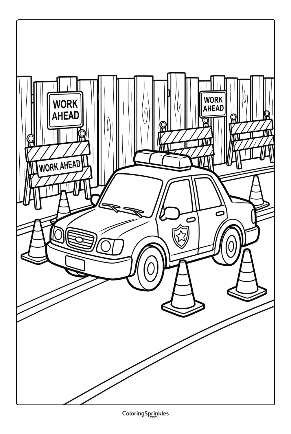 Coloring page of a police car near work ahead signs and construction cones