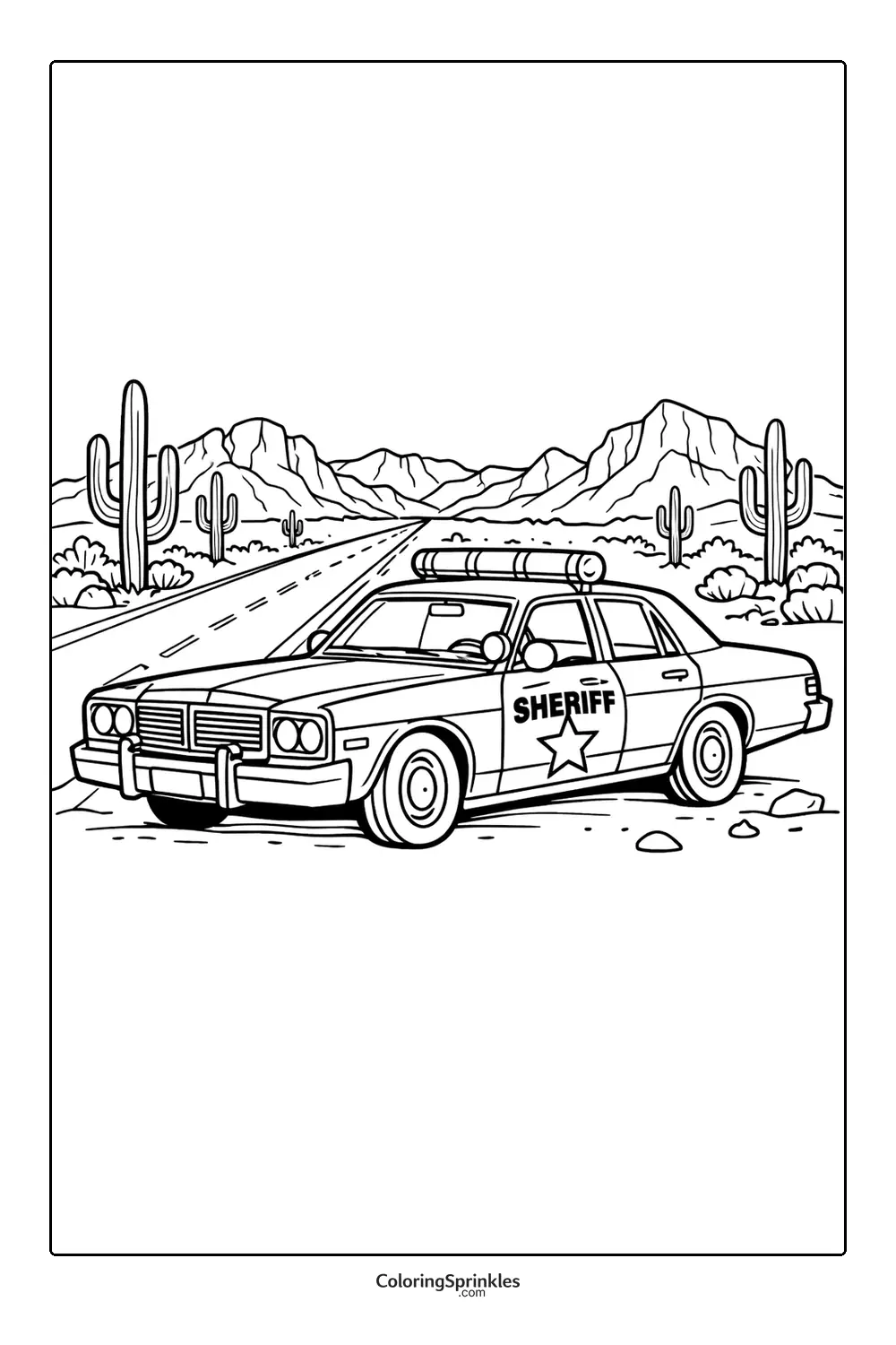 Coloring page of a sheriff car parked in a desert with cactus and mountains