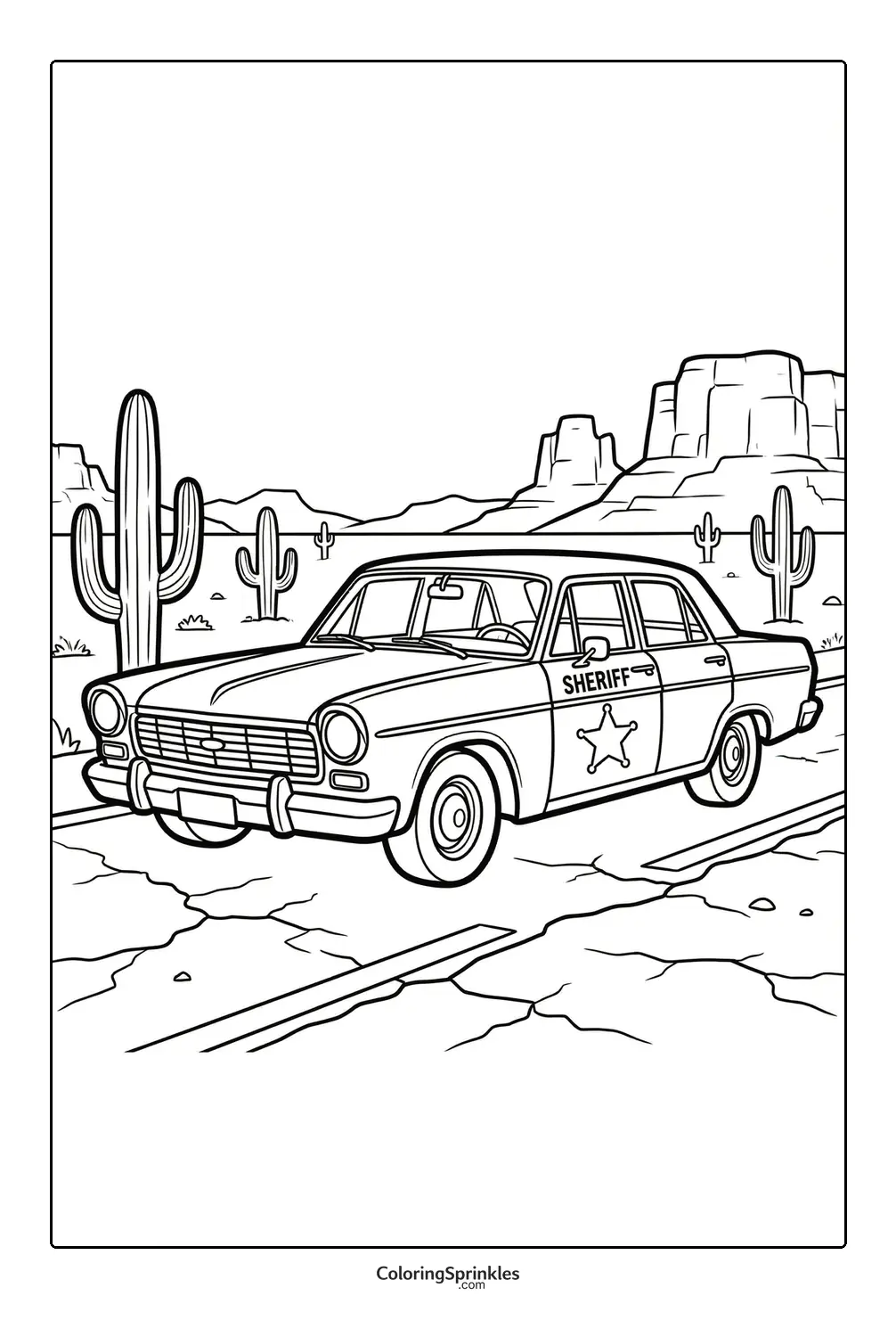 Coloring page of a sheriff car driving on a desert road with cacti
