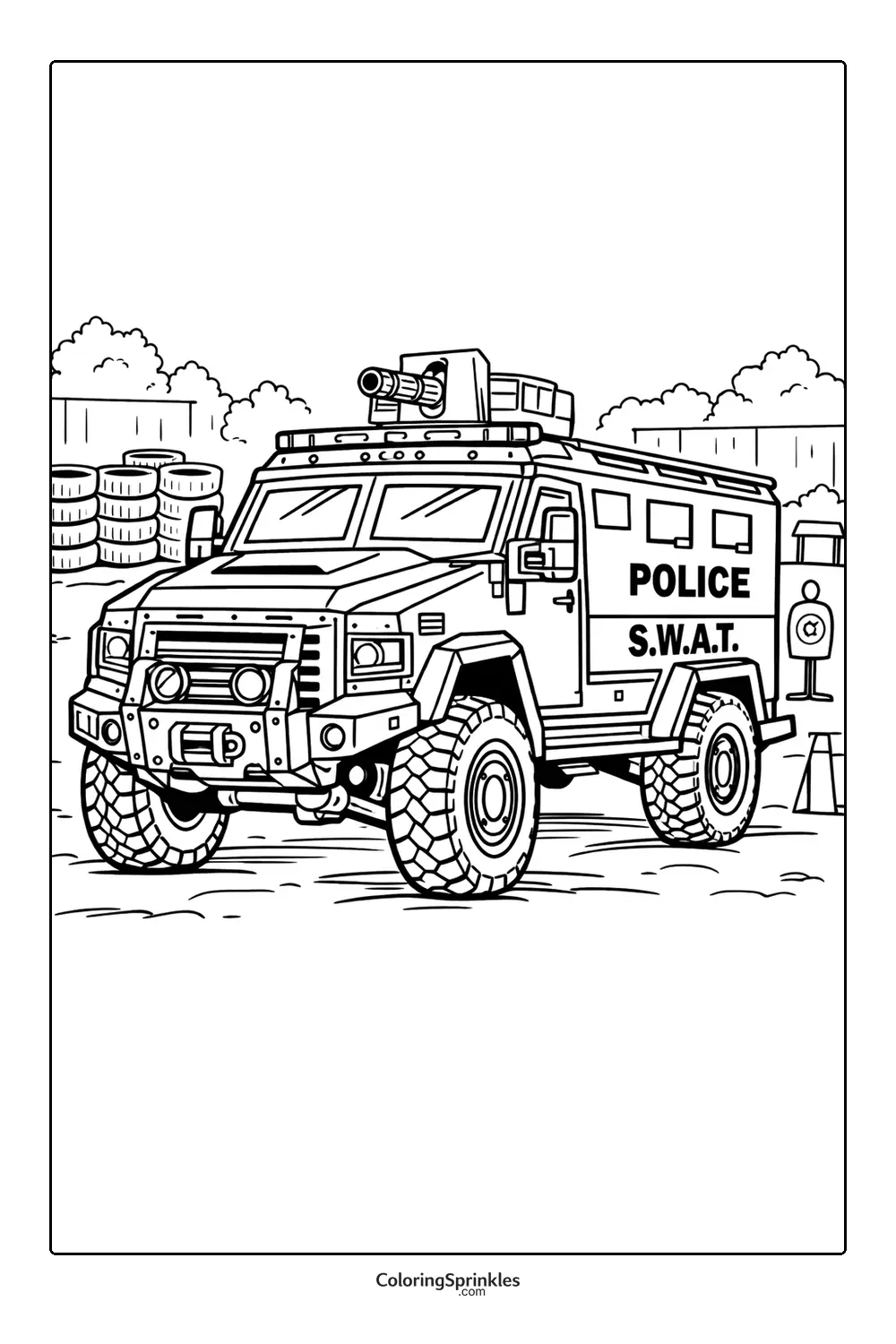 Coloring page of a SWAT police armored vehicle at a training ground