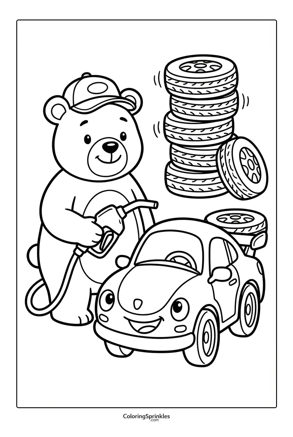 Coloring page of a bear fueling a race car with a stack of tires