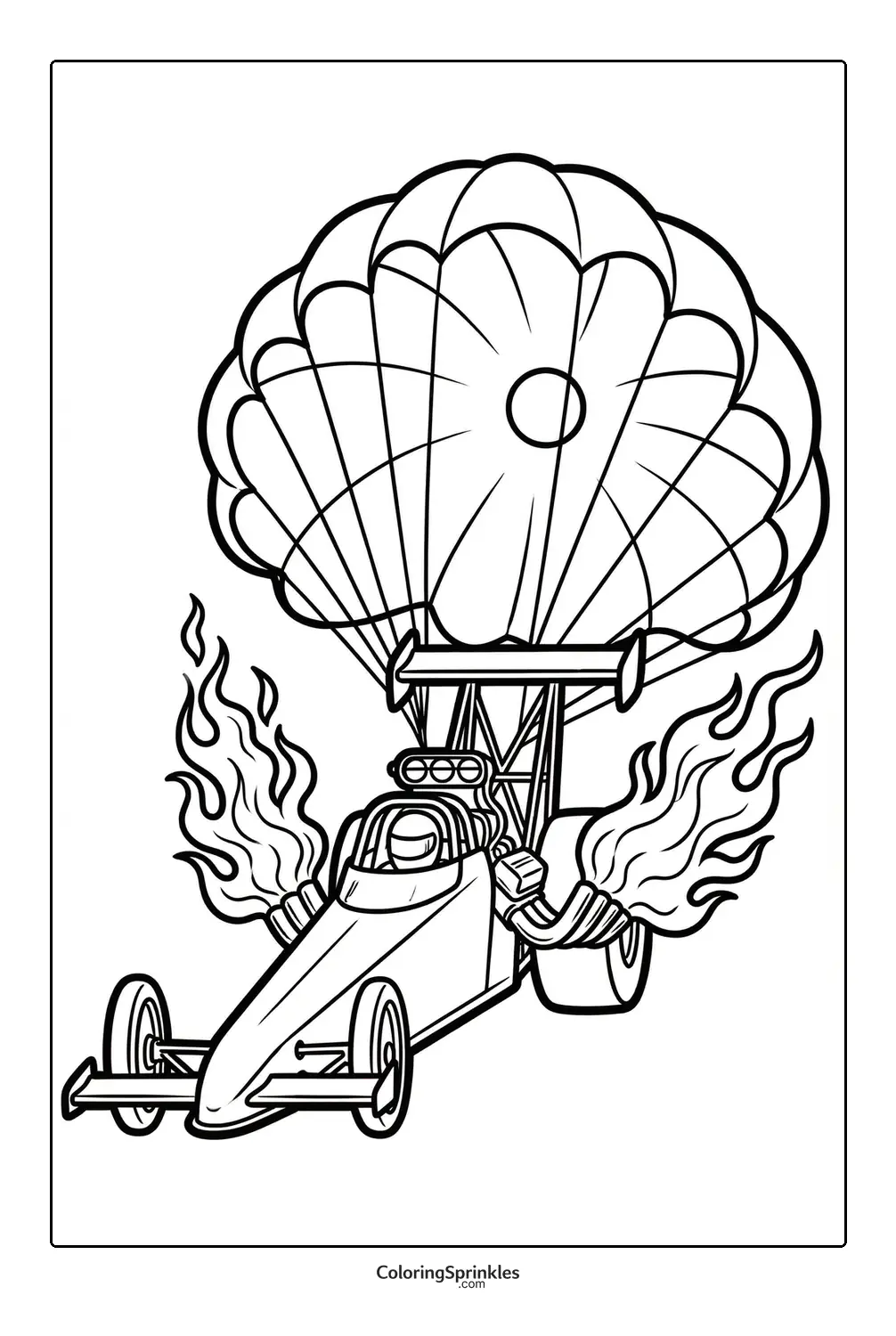 Coloring page of a drag race car with parachute and flames