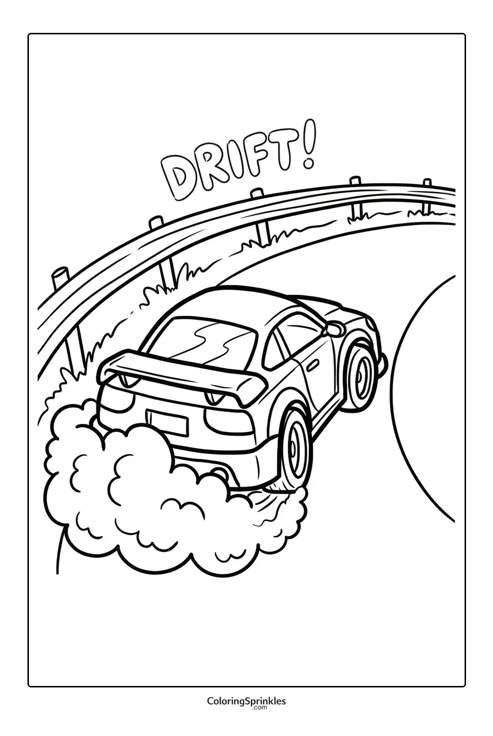 Coloring page of a race car drifting on a curved road with a guardrail