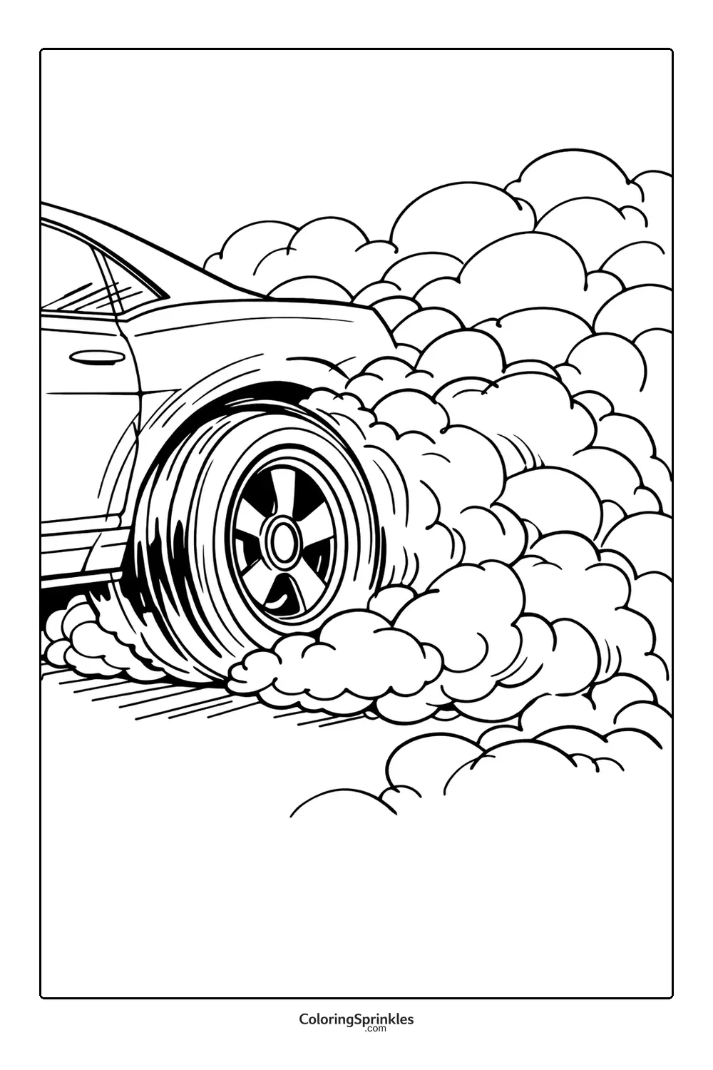 Coloring page of a race car drifting with smoke from the tire