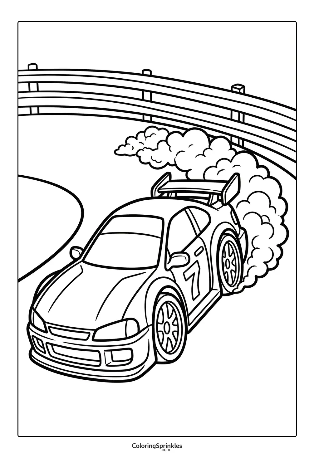 Coloring page of a race car drifting on a track with smoke