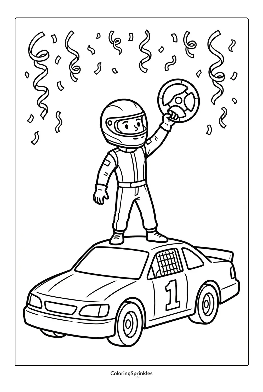 Coloring page of a race car driver celebrating on top of a race car with confetti