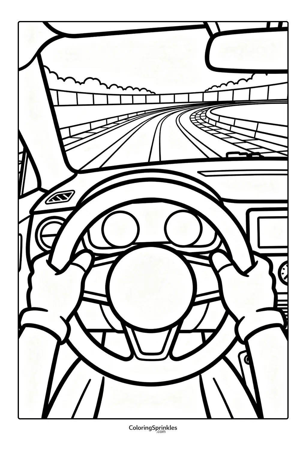 Coloring page of a race car driver holding a steering wheel on a racetrack