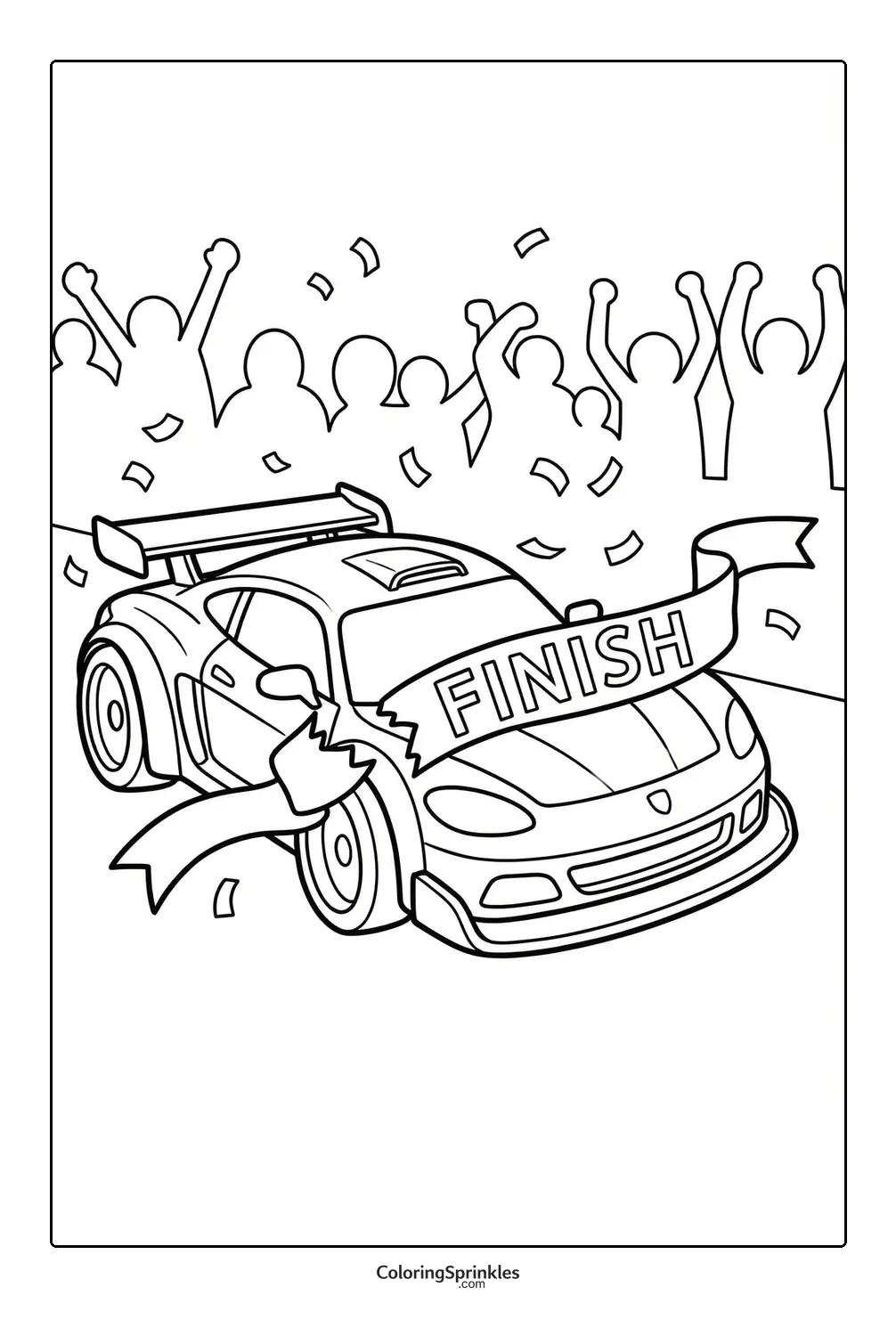 Coloring page of a race car crossing the finish line with a cheering crowd