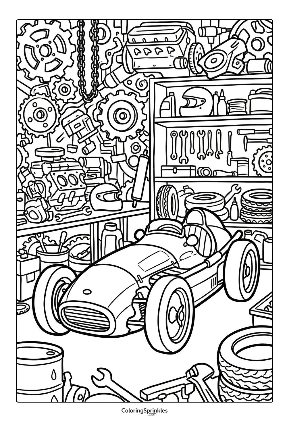 Coloring page of a race car in a garage with tools, tires, and helmets