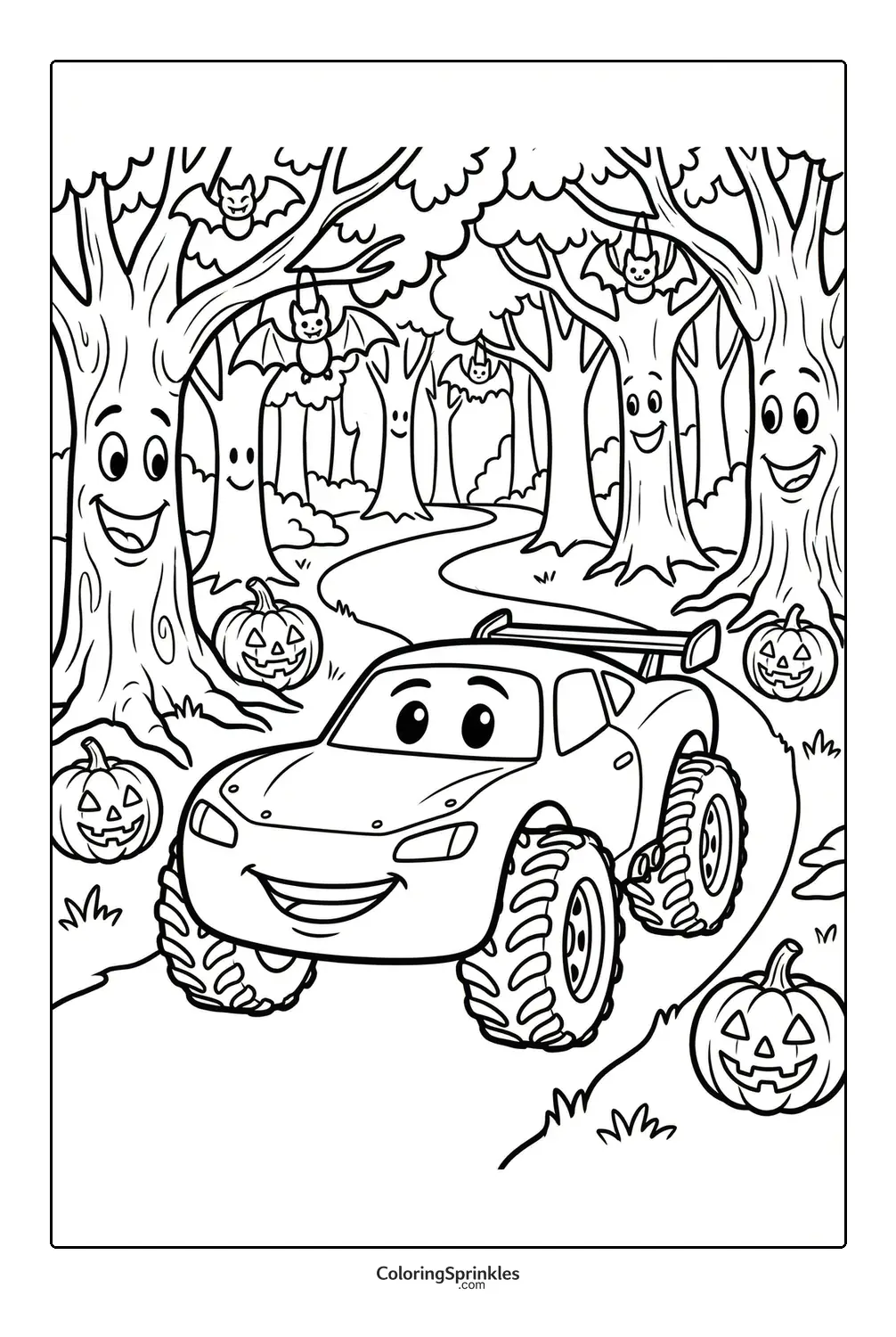 Coloring page of a race car driving through a Halloween forest with pumpkins and bats