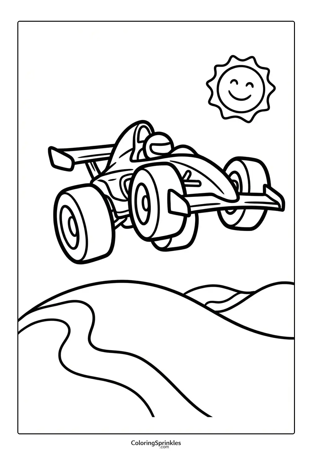 Coloring page of a race car jumping over hills on a sunny day