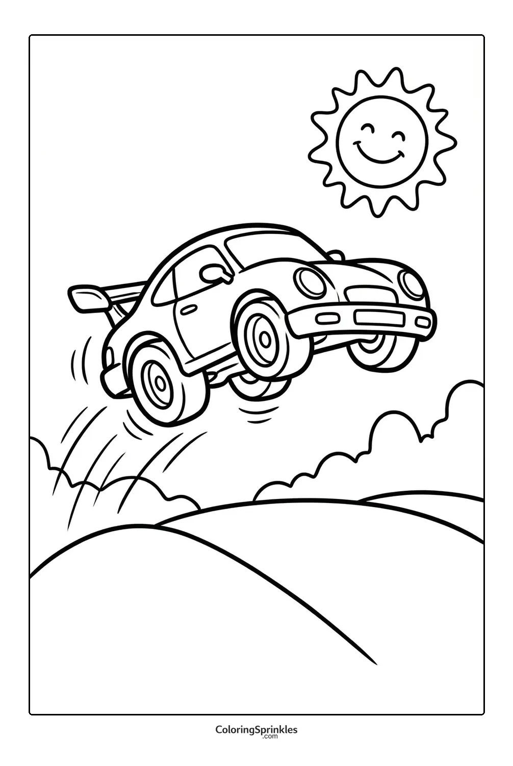 Coloring page of a race car jumping over hills on a sunny day