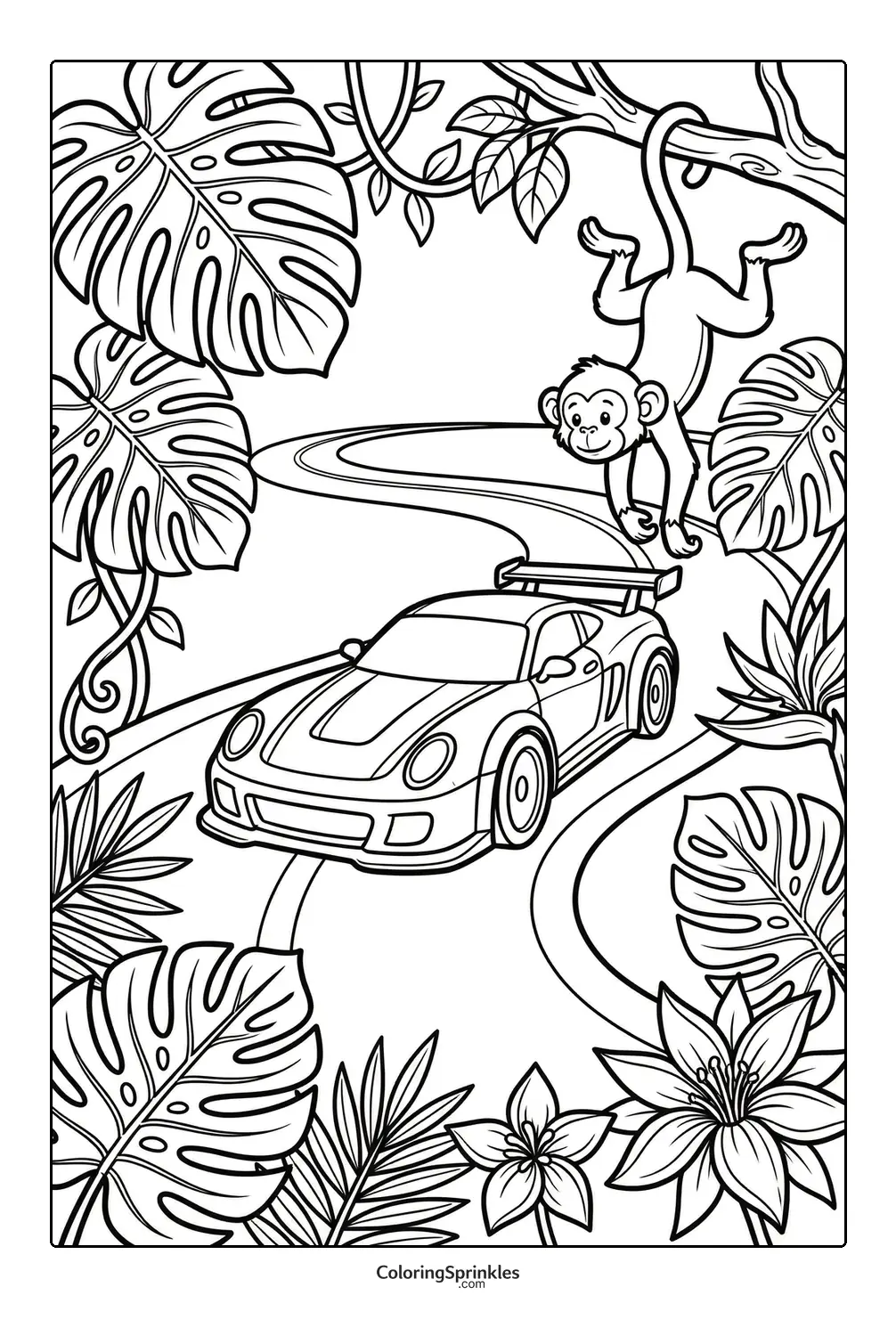 Coloring page of a race car driving on a winding jungle road with a monkey and tropical plants