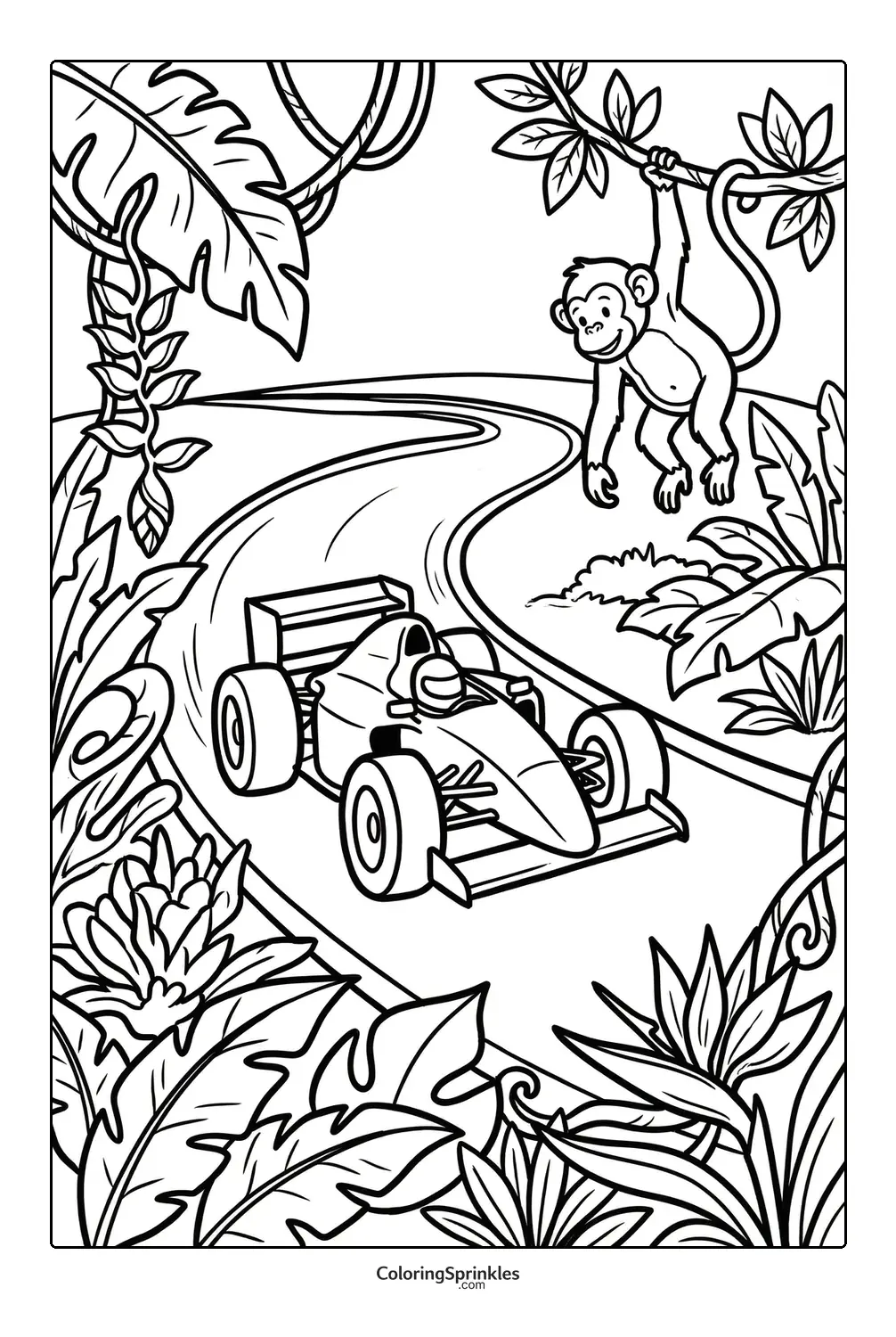 Coloring page of a race car driving on a jungle road with a monkey hanging from vines