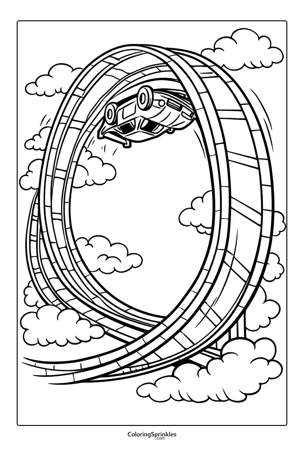 Coloring page of a race car doing a loop on a track surrounded by clouds