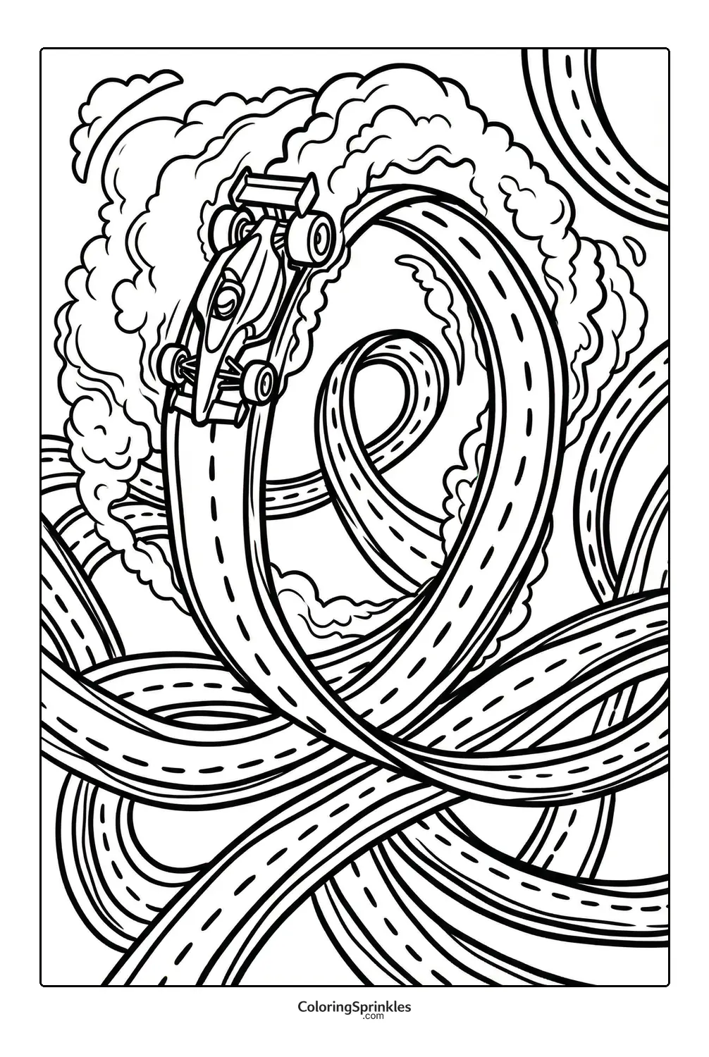 Coloring page of a race car performing a stunt on looping roads