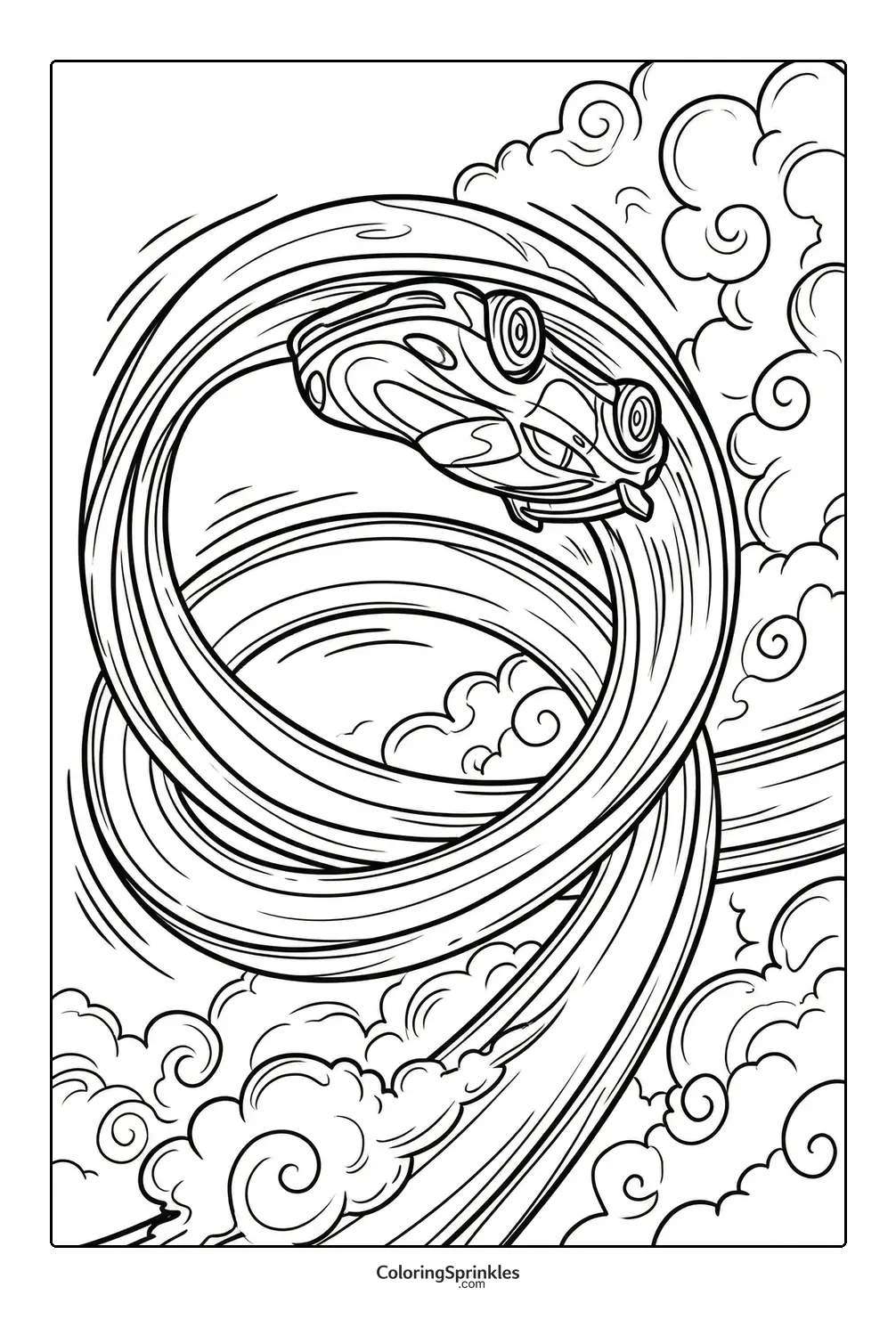 Coloring page of a race car performing a looping stunt in the clouds
