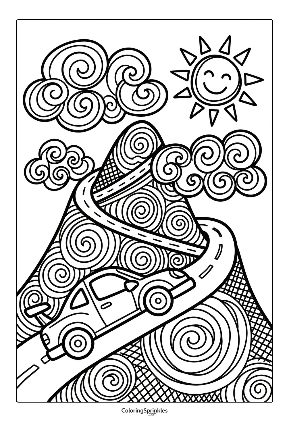 Coloring page of a race car driving up a winding mountain road with sun and clouds