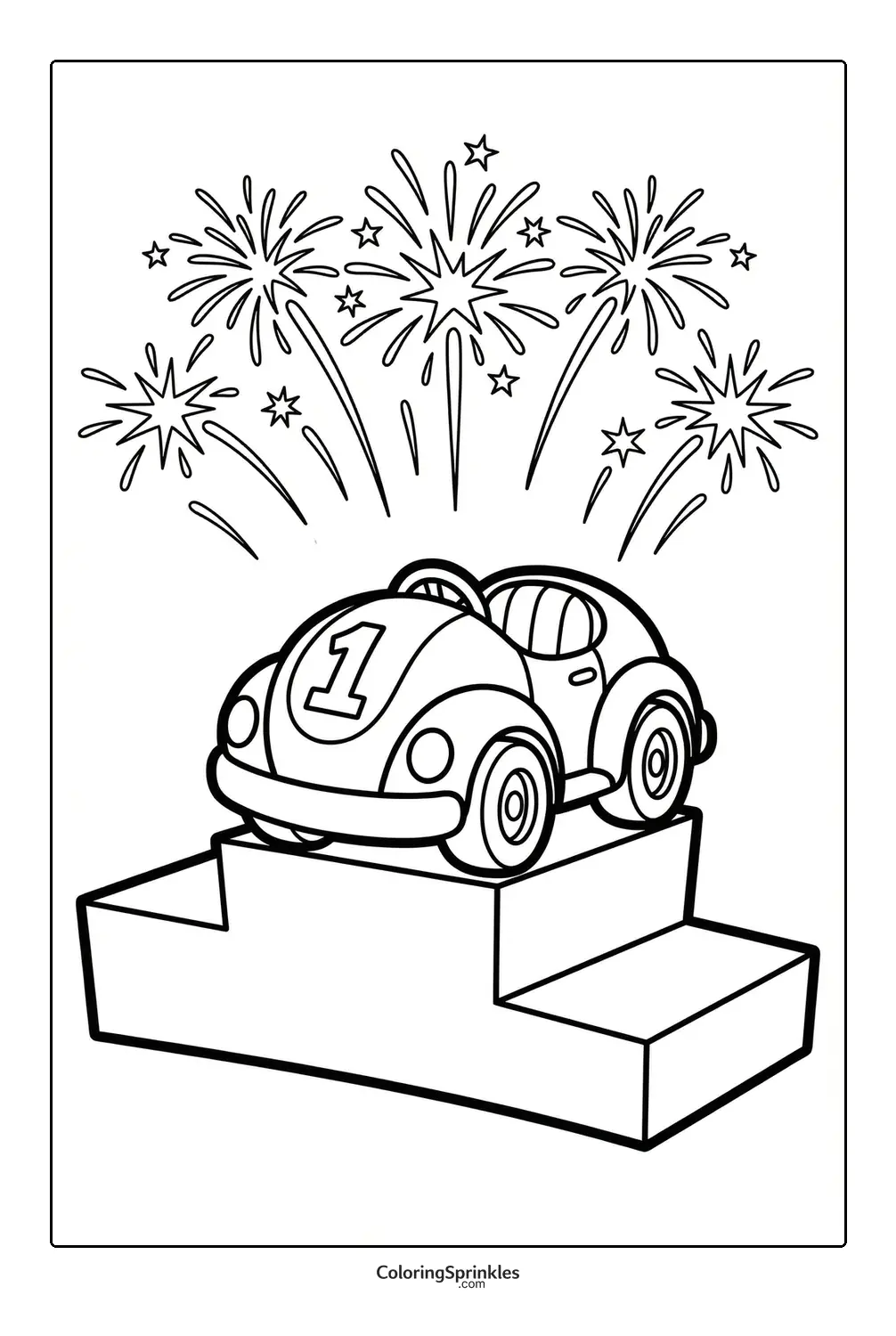 Coloring page of a race car number one on a podium with fireworks