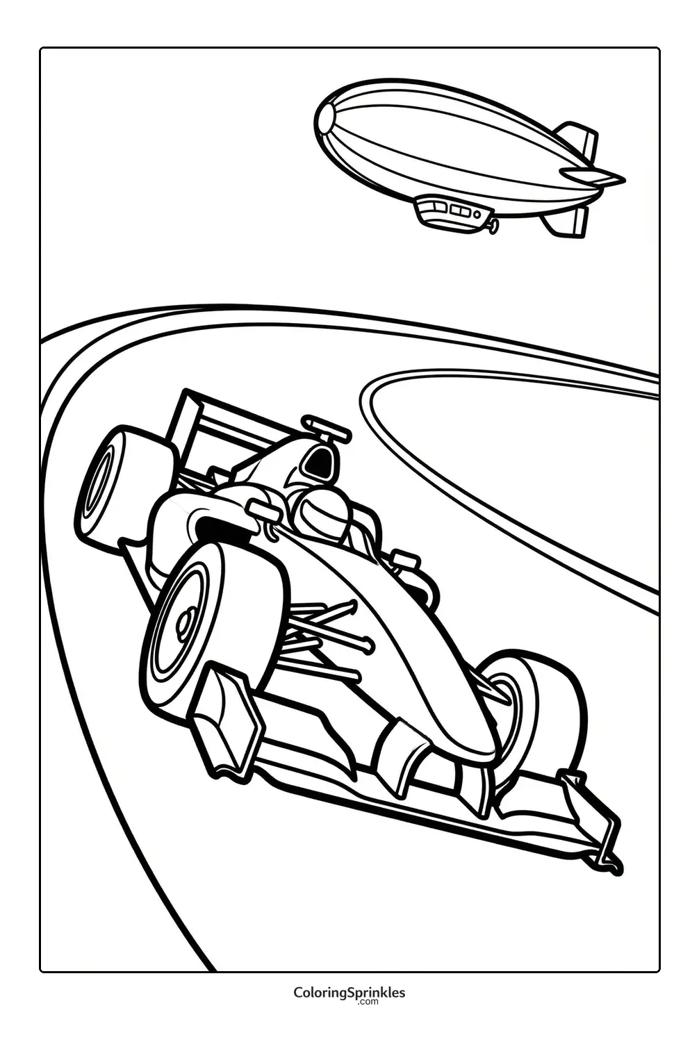 Coloring page of a race car on a racing track with an airship overhead