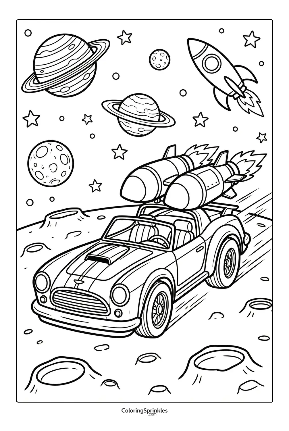 Coloring page of a race car with rockets driving on the moon with craters and planets