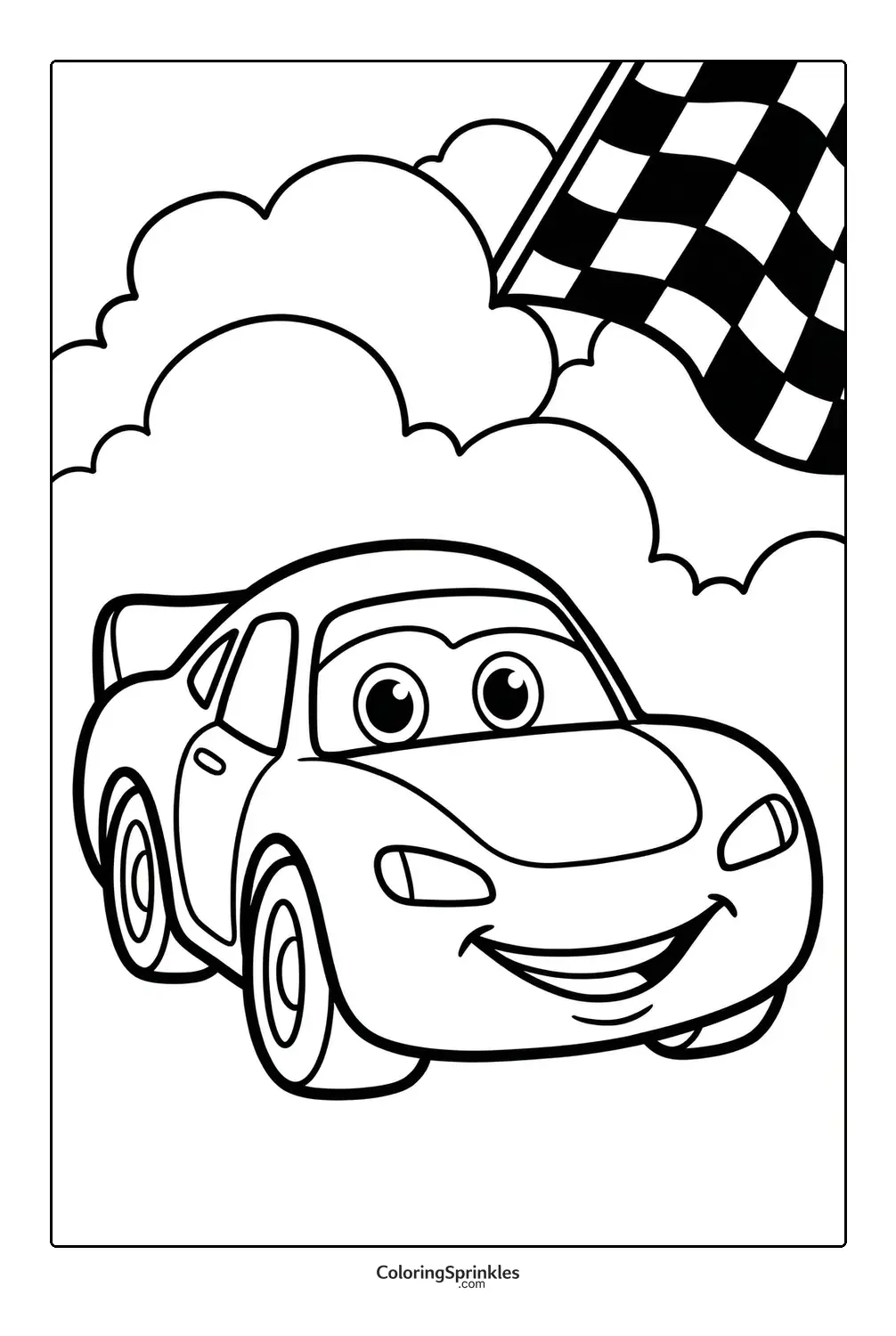 Coloring page of a smiling race car with a checkered flag and clouds