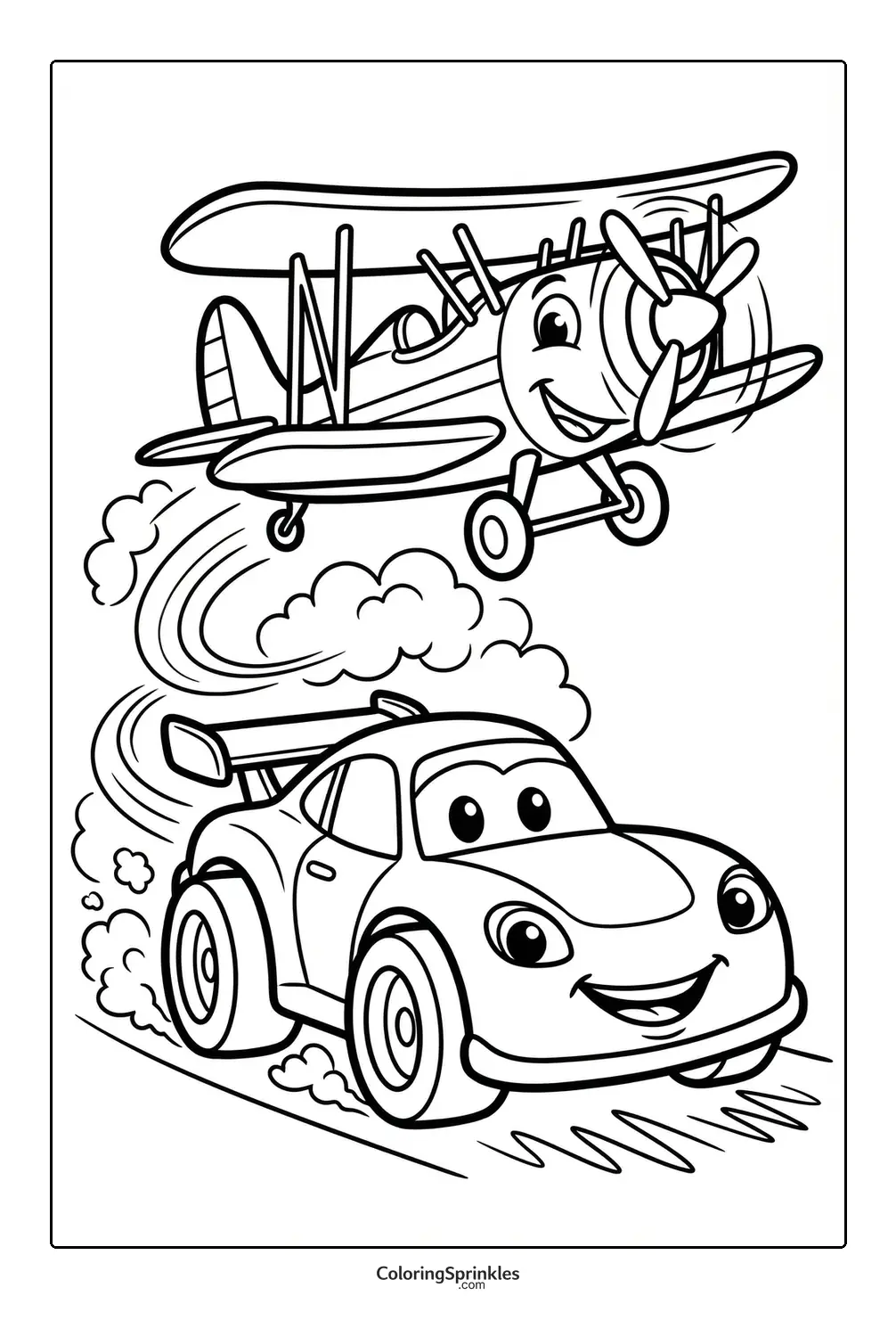 Coloring page of a smiling race car driving with a happy biplane flying above