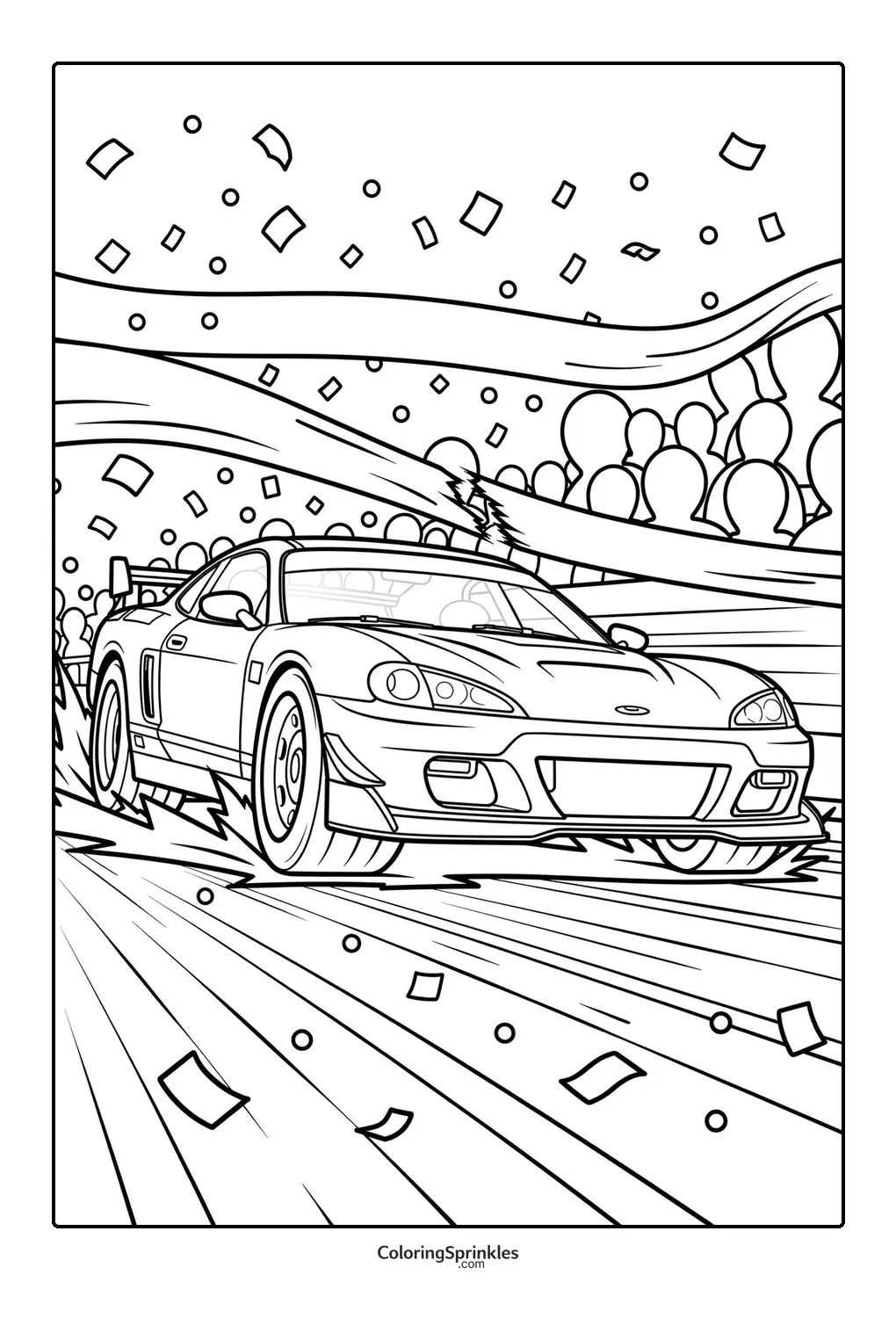 Coloring page of a race car speeding on a track with a cheering crowd and confetti