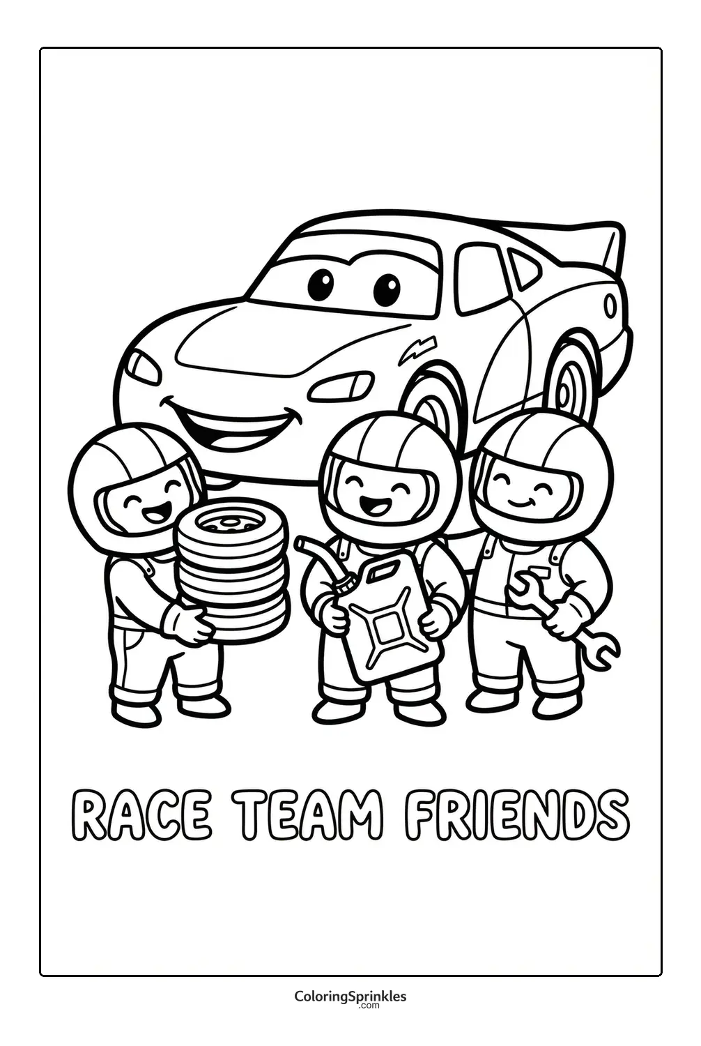 Coloring page of a race car with a pit crew team holding tires, fuel, and a wrench