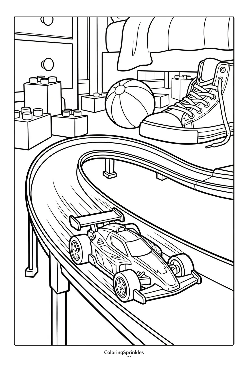 Coloring page of a race car on a toy track in a bedroom with a shoe and ball