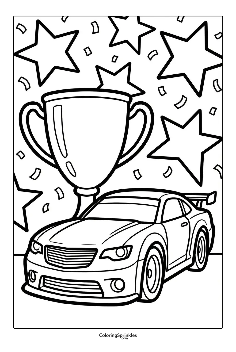 Coloring page of a race car with a trophy and stars