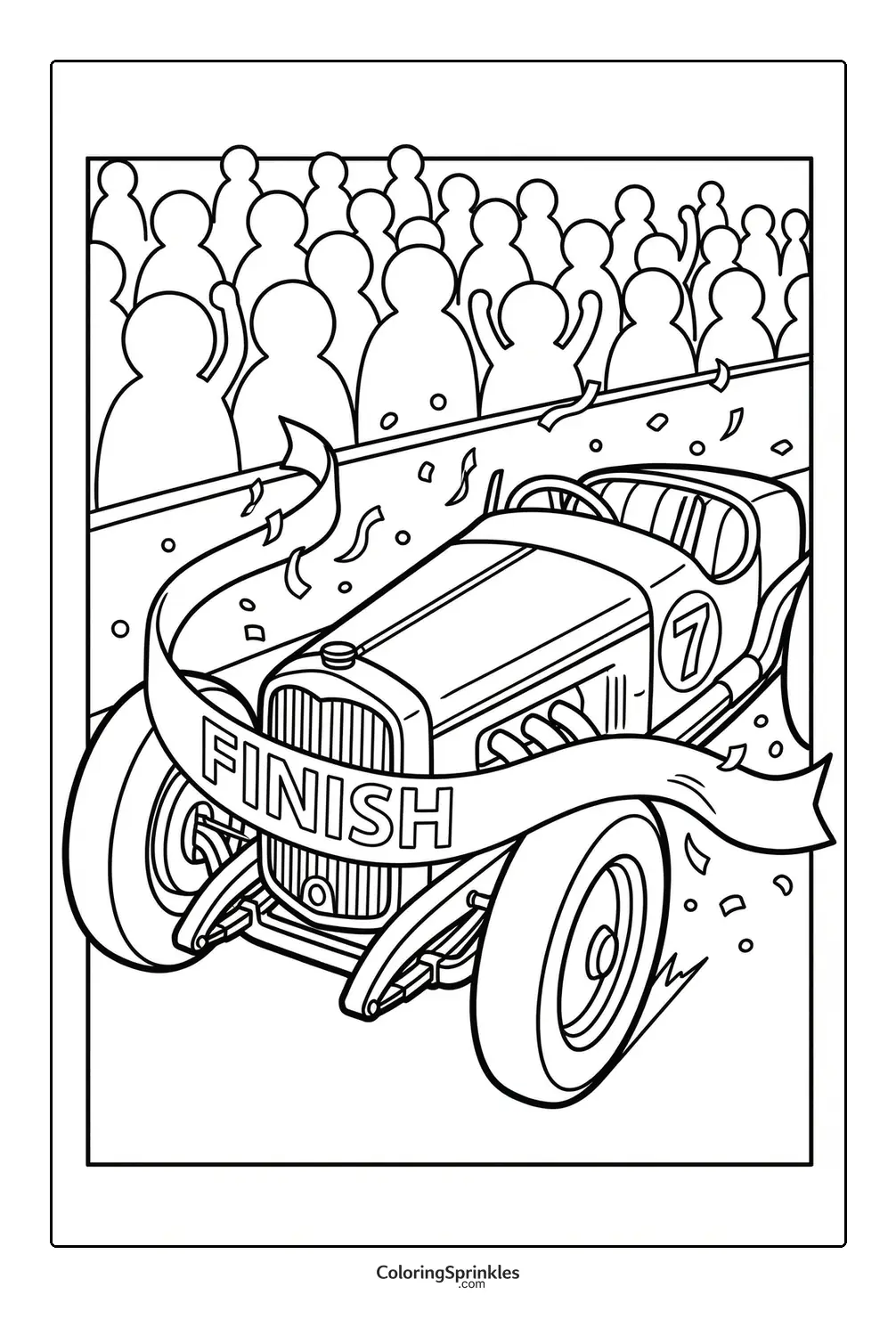 Coloring page of a vintage race car crossing the finish line with a cheering crowd