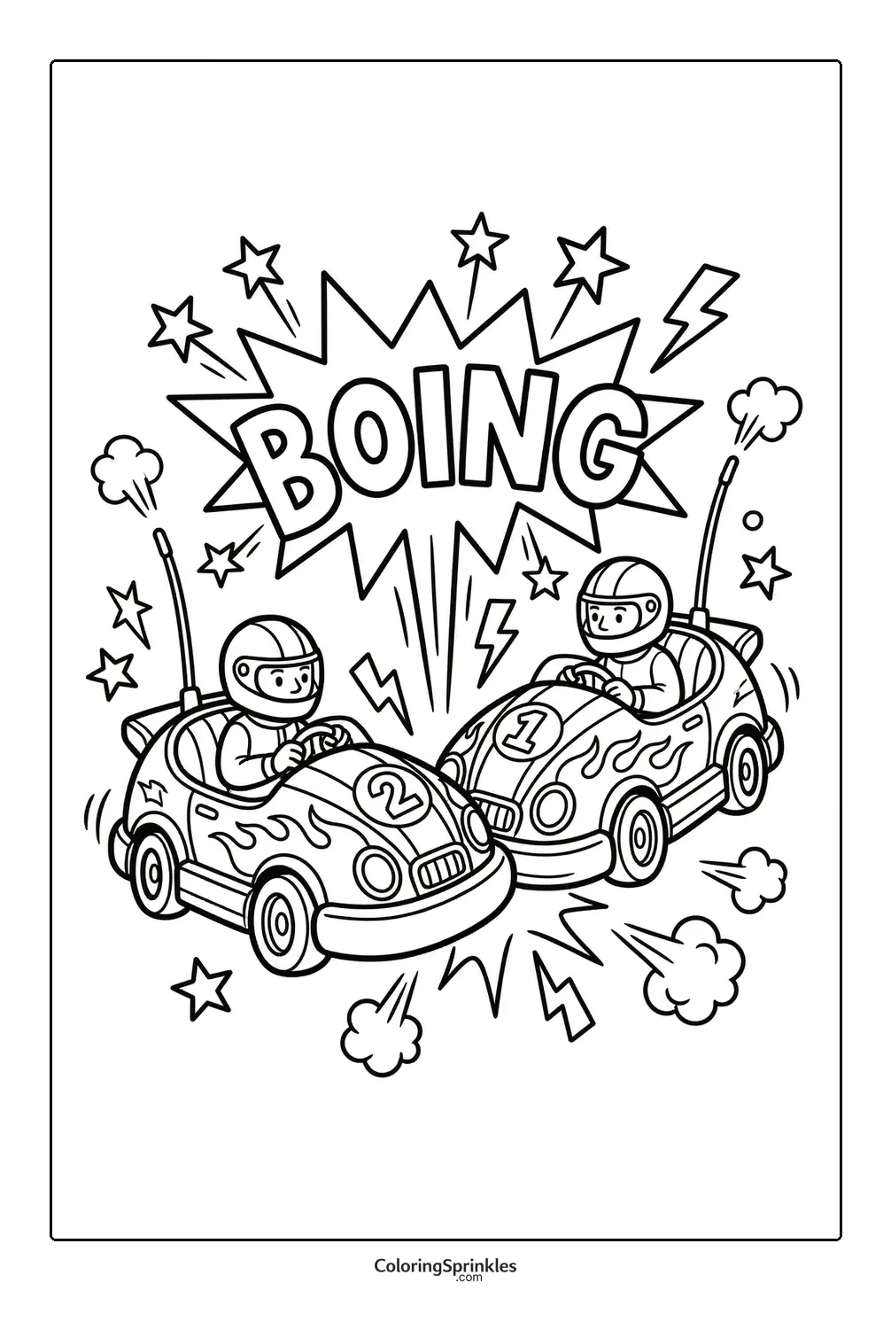 Coloring page of two race cars colliding with a boing sound effect