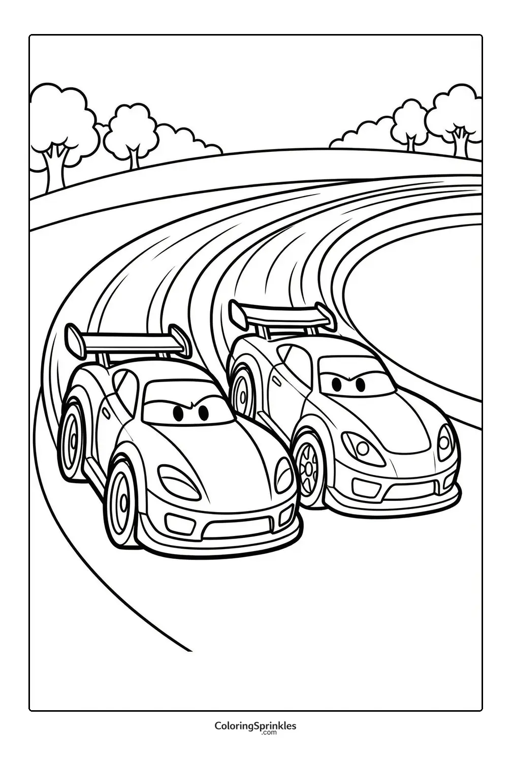 Coloring page of two race cars on a curved track with trees