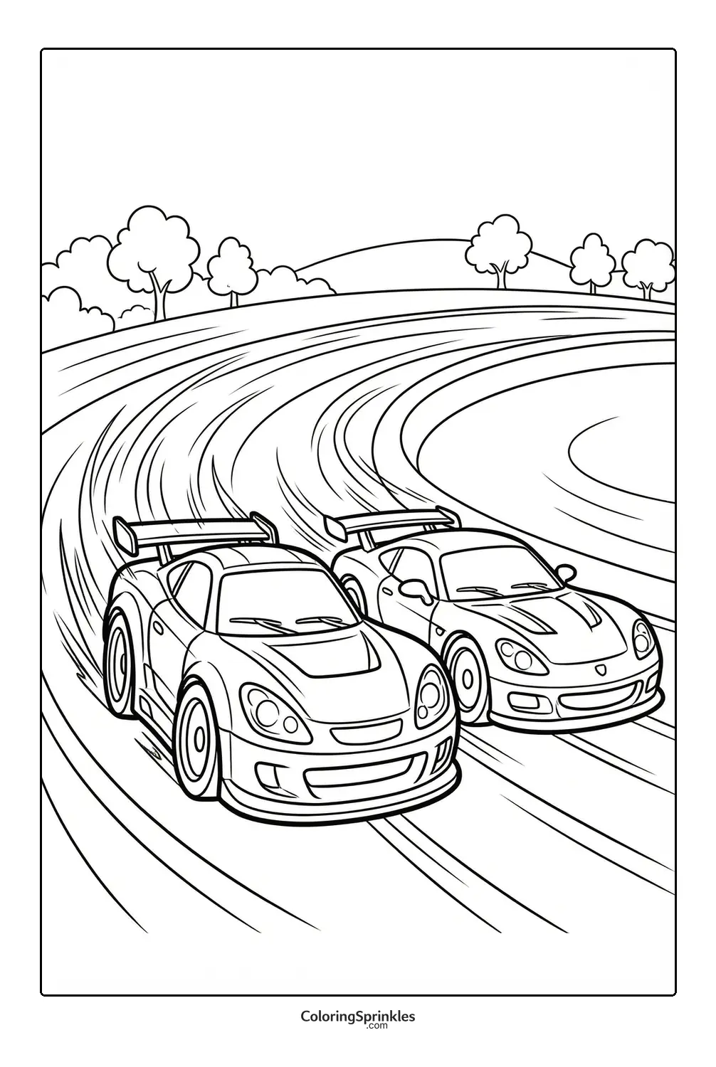 Coloring page of two race cars speeding on a curved track with trees