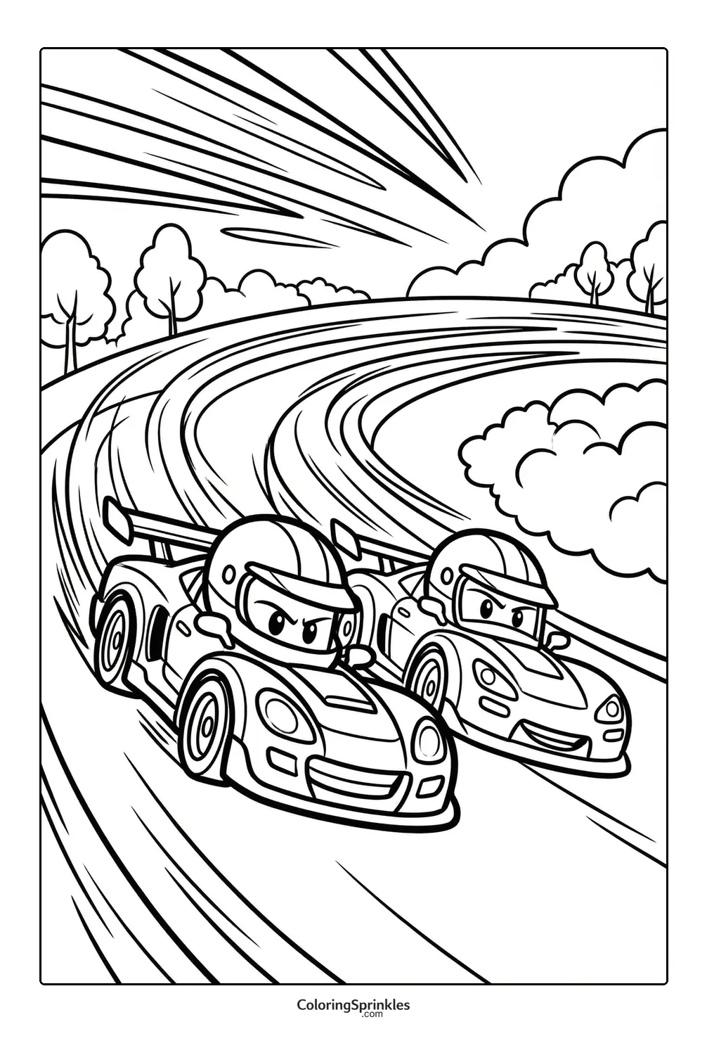 Coloring page of two race cars speeding on a curved track with trees