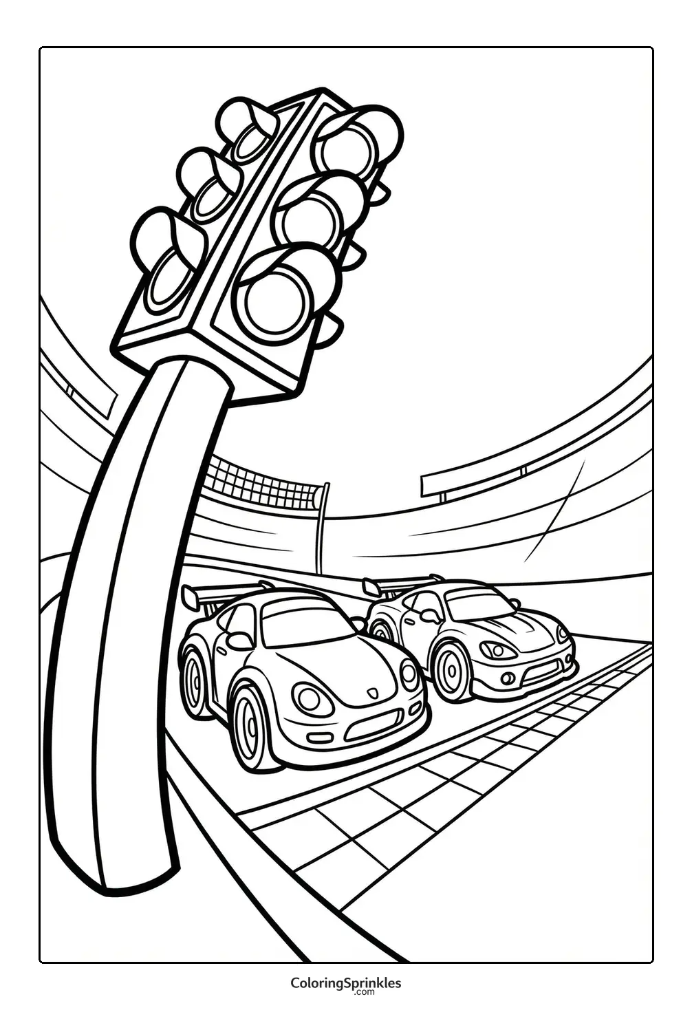Coloring page of two race cars at the starting line on a racetrack