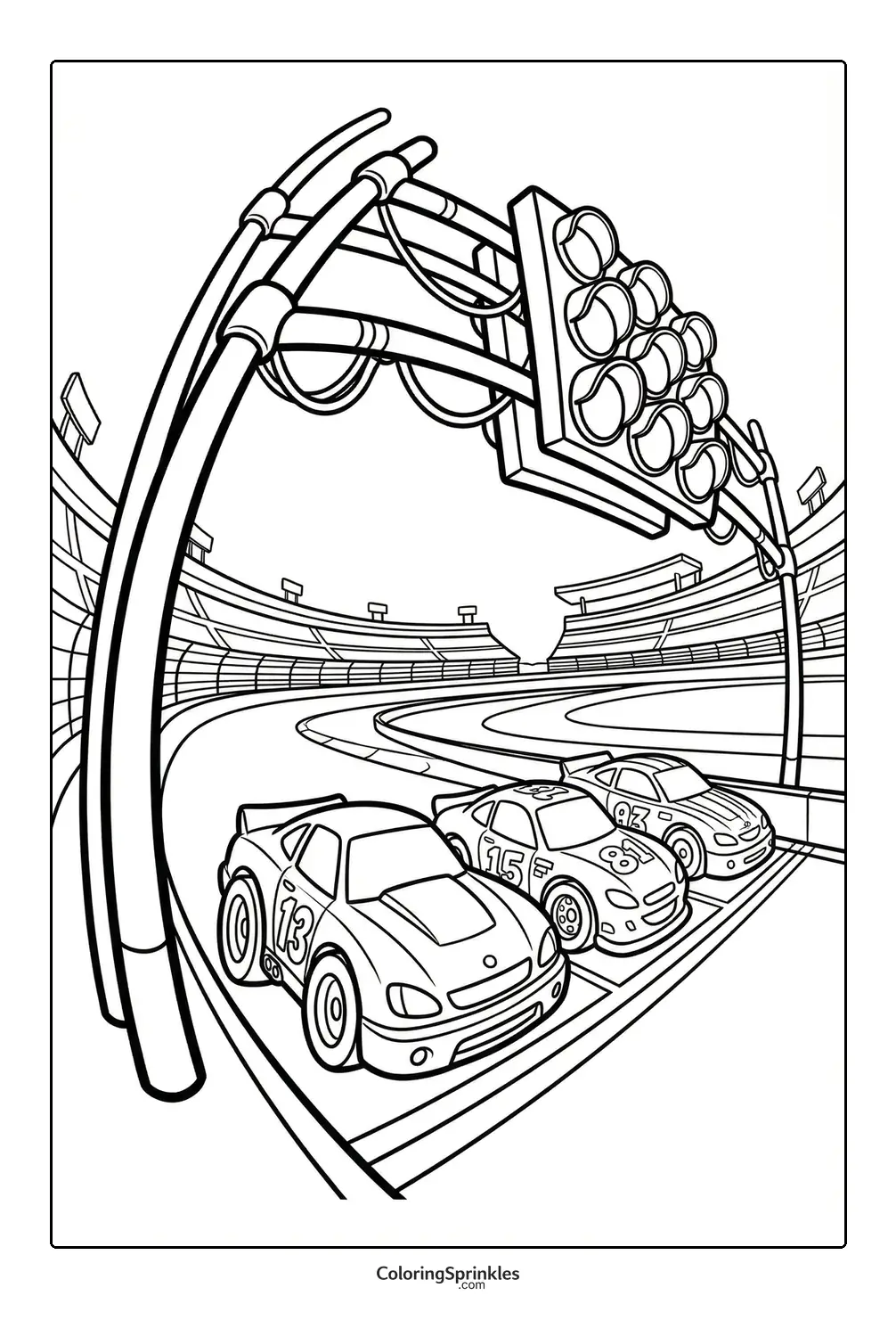 Coloring page of race cars lined up at the starting line on a racetrack