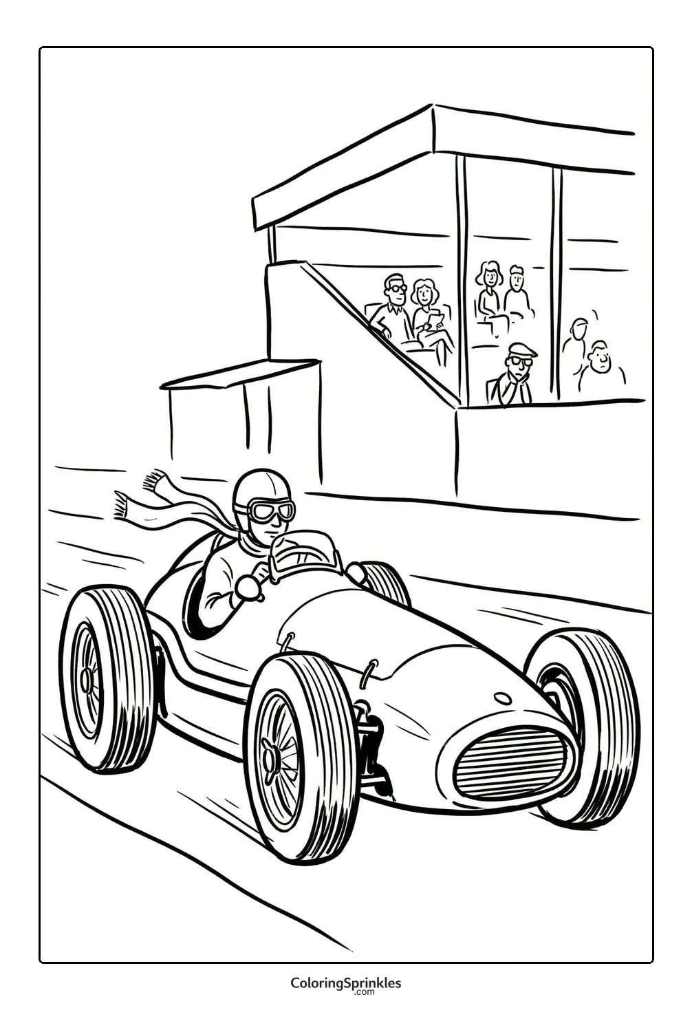 Coloring page of a vintage race car with a driver passing a scoring stand