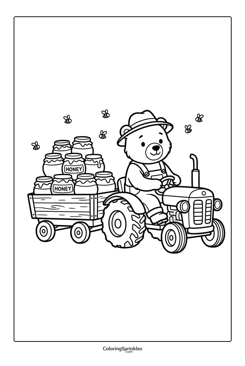 Coloring page of a bear driving a tractor with a trailer full of honey jars and bees