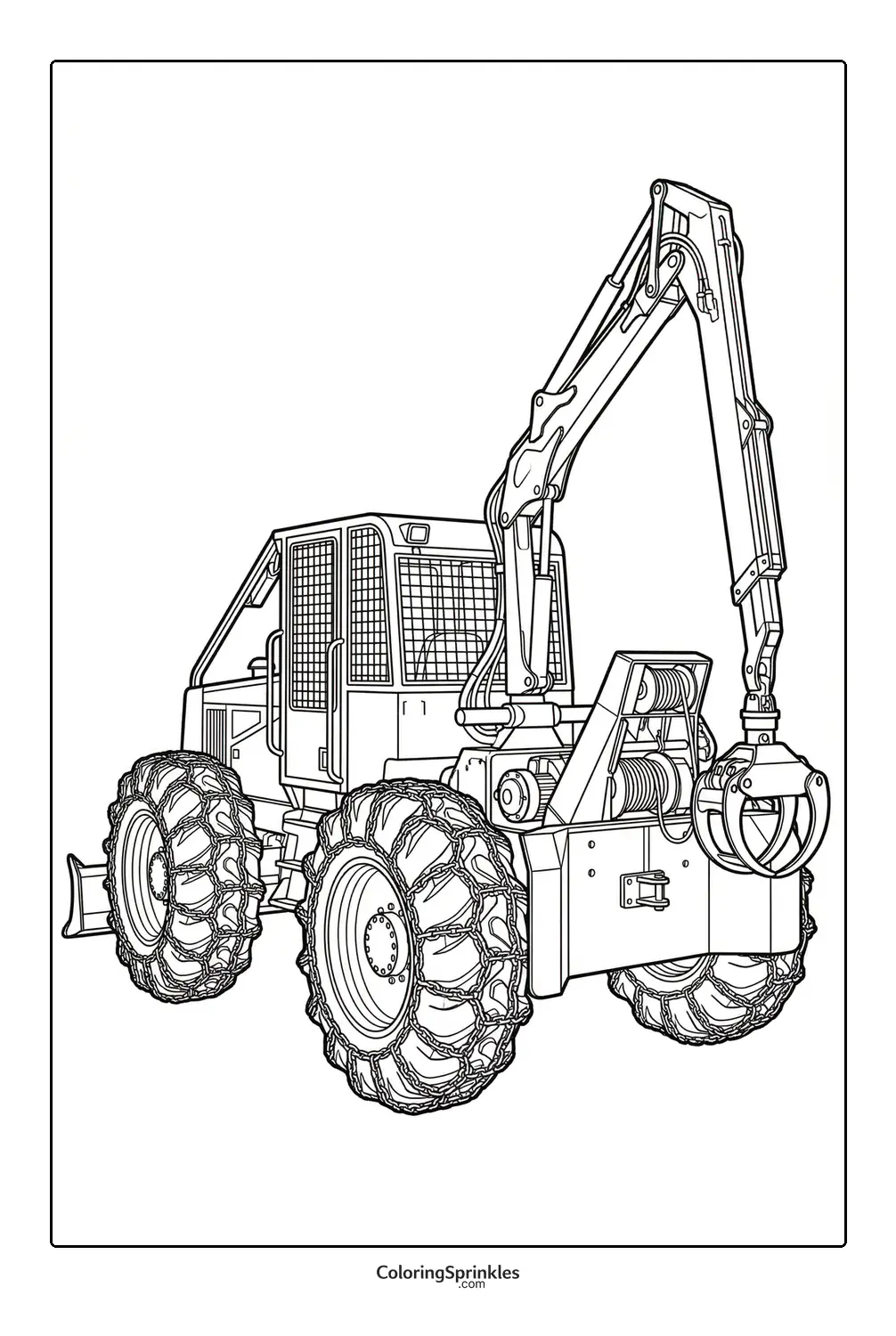 Coloring page of a logging tractor with grapple arm and tire chains